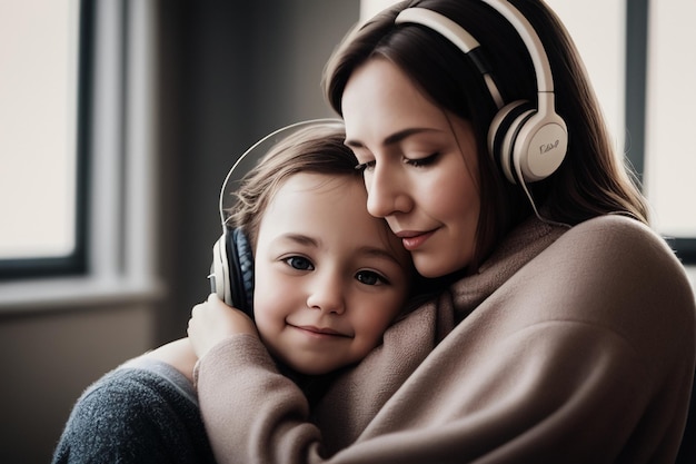Eine Frau und ein Kind tragen Kopfhörer