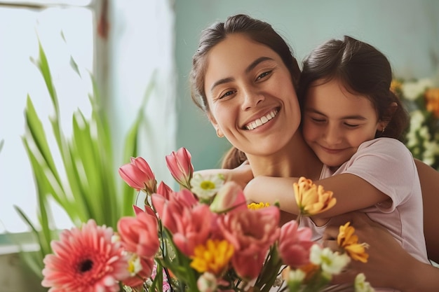 eine Frau und ein Kind umarmen Blumen in einem Zimmer