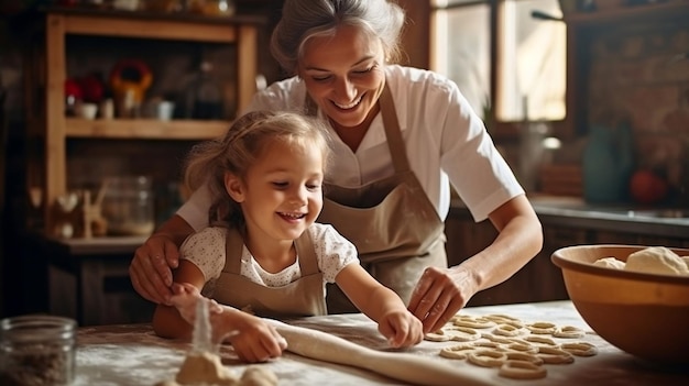 Foto eine frau und ein kleines mädchen backen kekse in einer küche.