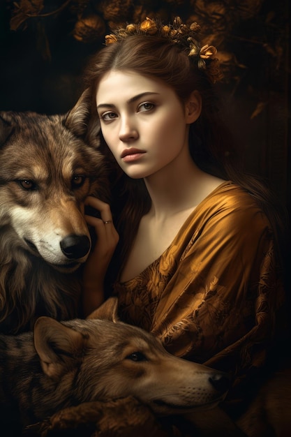 Eine Frau und ein Wolf