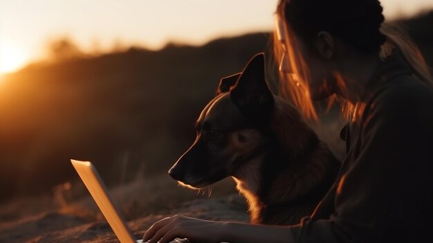 Eine Frau und ihr Hund arbeiten an einem Laptop, der von KI generiert wurde