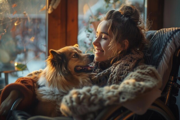 Foto eine frau und ihr hund in der durch ki erzeugten ruhe im freien