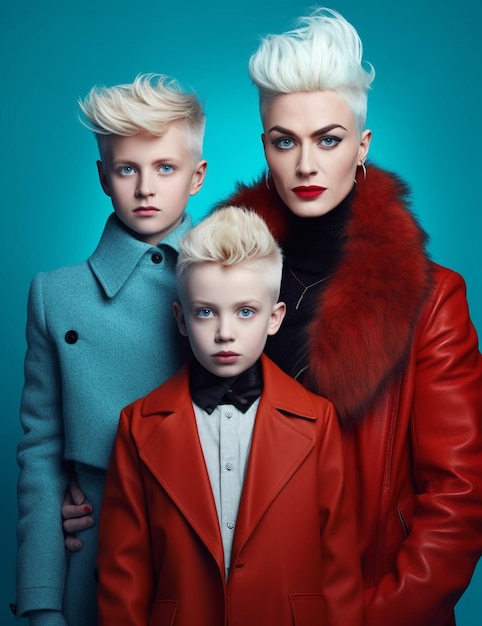 Eine Frau und zwei Jungen mit blonden Haaren posieren für ein Foto