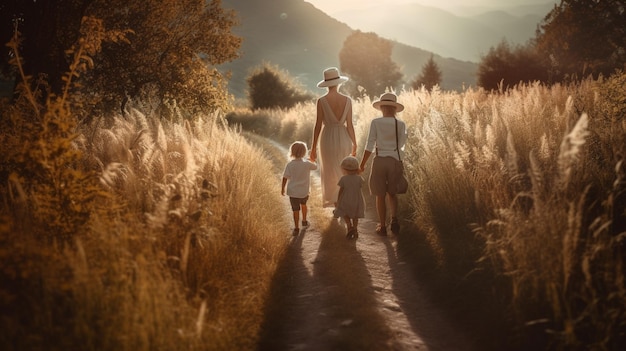 Eine Frau und zwei Kinder gehen Händchen haltend eine Straße entlang, und die Sonne scheint auf den Boden.