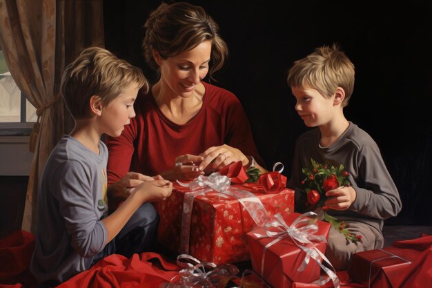 Eine Frau und zwei kleine Jungen öffnen eifrig ein verpacktes Geschenk und drücken Freude und Aufregung aus. Mutter packt ein Überraschungsgeschenk ihrer Kinder aus. KI-generiert