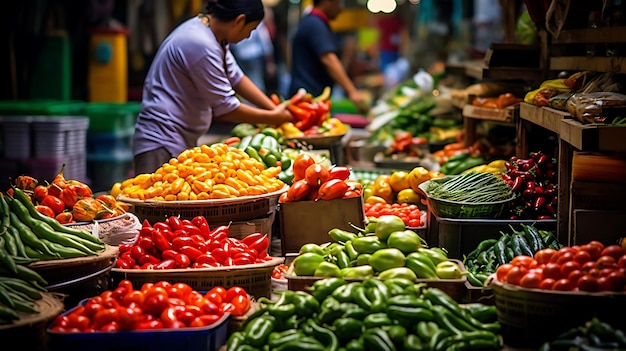 Eine Frau verkauft Gemüse an einem Marktstand