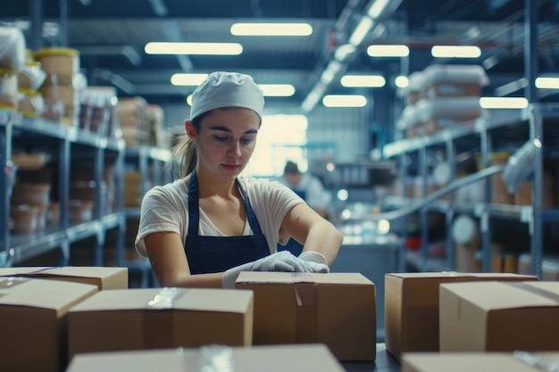 Eine Frau verpackt Lebensmittel Versorgungszentrum für Mahlzeiten Lieferung von Lebensmitteln Verpackungsfabrik