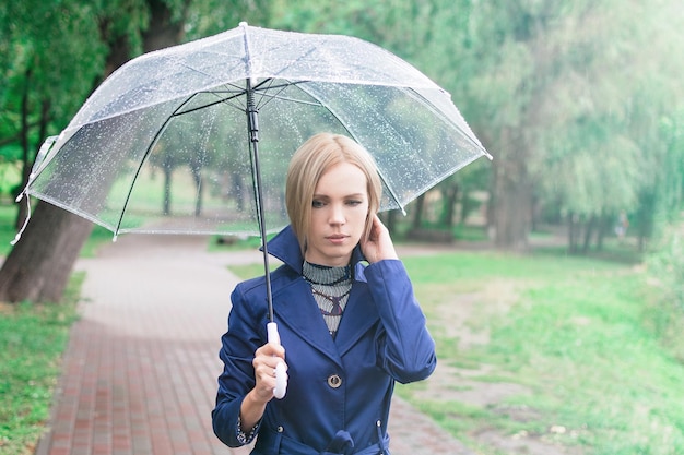 Eine Frau von 3040 Jahren in einem blauen Mantel geht unter einem durchsichtigen Regenschirm im Park