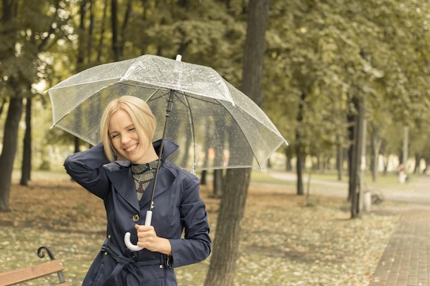 Eine Frau von 3040 Jahren in einem blauen Mantel geht unter einem durchsichtigen Regenschirm im Park