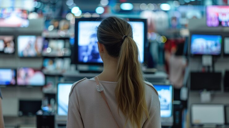 Eine Frau wählt einen neuen Fernseher