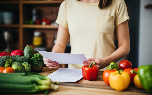 Foto eine frau wählt gesunde lebensmittel aus und erstellt eine einkaufsliste