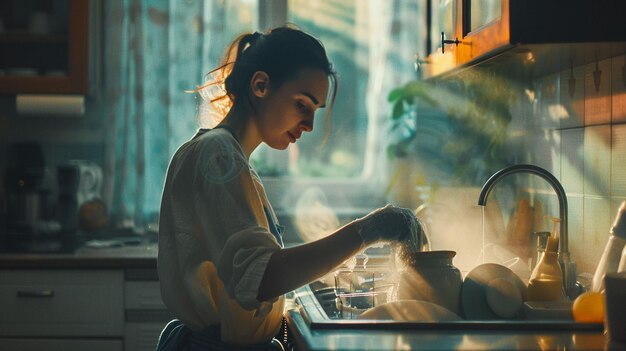 Foto eine frau wäscht das geschirr in der küche