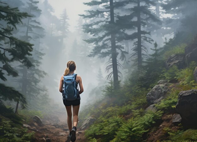 Eine Frau wandert den Pfad im Wald hinauf