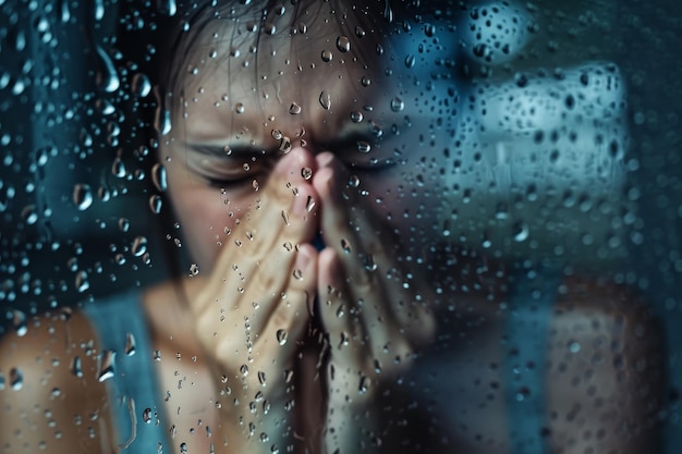 Eine Frau wischt sich die Nase mit einem Taschentuch, während sie durch das Fenster nach Regen schaut