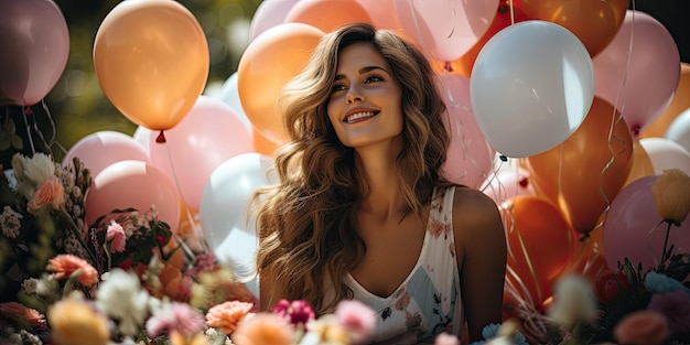 Foto eine frau wünscht sich vor dem hintergrund bunter luftballons alles gute zum geburtstag. wunderschöner sonnenschein