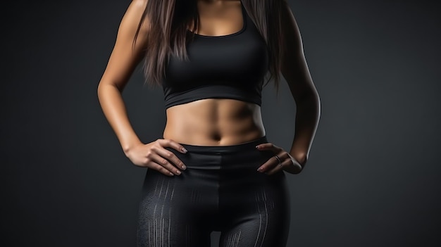 Eine Frau zeigt ihre schlanke Taille. Schöner schlanker Frauenkörper in Sportkleidung