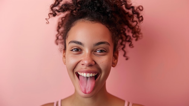 Eine Frau zeigt ihre Zunge auf einem isolierten rosa Hintergrund