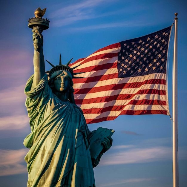 eine Freiheitsstatue mit einer Flagge im Hintergrund