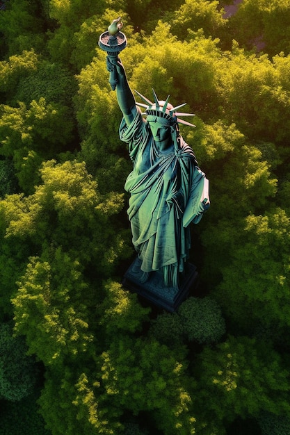 Eine Freiheitsstatue von oben mit Bäumen im Vordergrund.