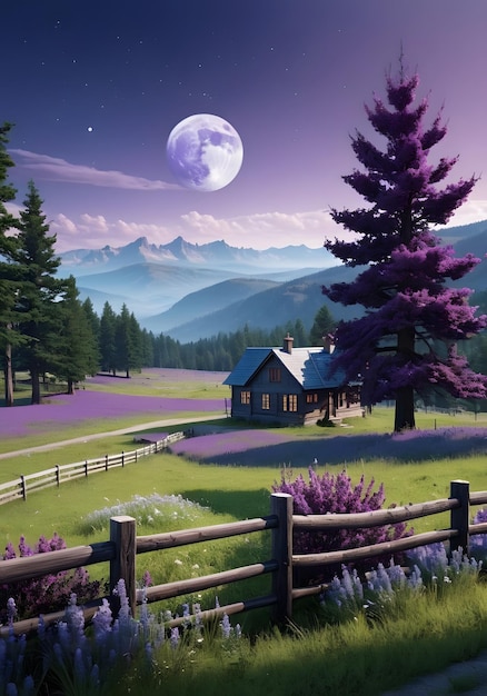 Eine fremde Landschaft mit einem wunderschönen silbervioletten Feld mit weitem Winkel und einem alten Holzzaun in der