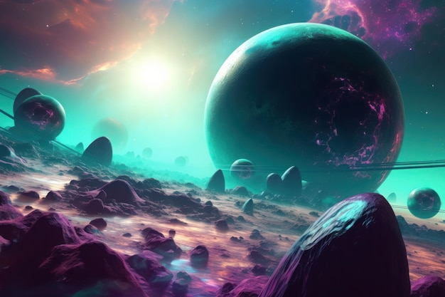 Eine fremde Landschaft mit vielen verschiedenen Planeten und Kugeln im Stil von hellem Cyan und Magenta Generative KI