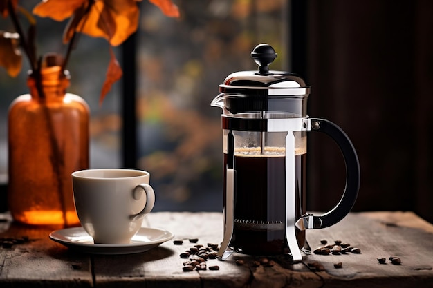 Eine French Press mit schwarzem Tee oder Espressokaffee auf einem Holztisch Generative Ai