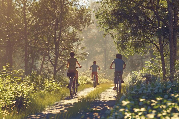 Foto eine freudige fahrradfahrt mit der familie entlang eines landschaftlich reizvollen weges