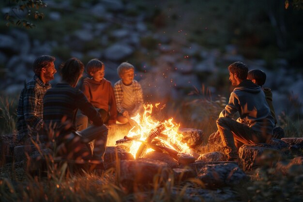 Eine freudige Familie versammelt sich um ein Lagerfeuer