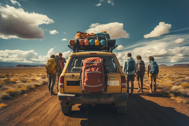 Eine freudige Gruppe von Freunden, die gemeinsam eine Autofahrt genießen und auf einer Schotterstraße in der Wüste fahren