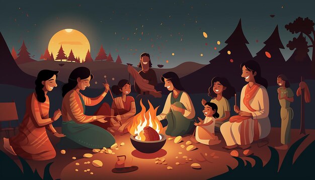 eine freudige Lohri-Szene mit Familien, die sich um das Lagerfeuer versammelt haben