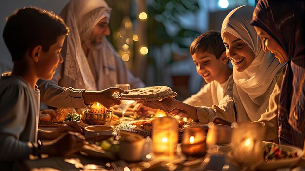 Foto eine freudige muslimische familie isst zu hause eine traditionelle mahlzeit