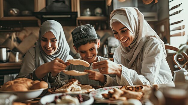 Foto eine freudige muslimische familie isst zu hause eine traditionelle mahlzeit