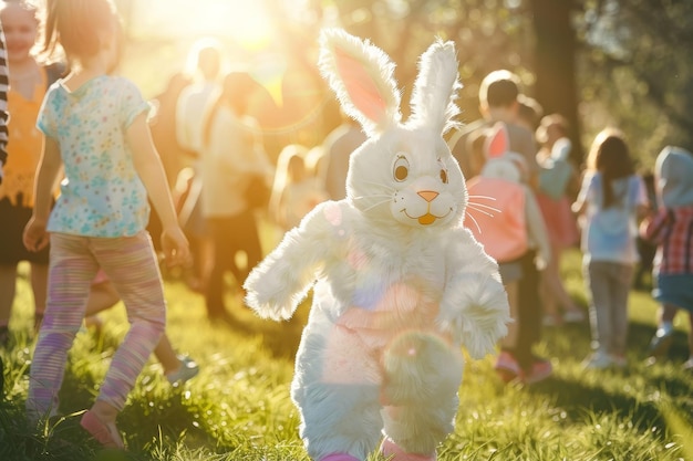 Eine freudige Person, die in einem flauschigen Kaninchenkostüm gekleidet ist, hüpft entlang und verbreitet Osterfreude unter den Menschen