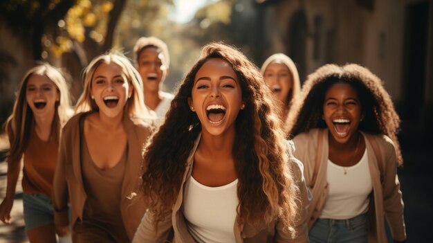 Eine freudige Versammlung von Frauen, die Lachen und Lächeln teilen und Glück und Kameradschaft ausstrahlen.