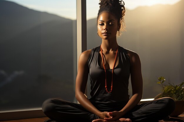 Eine friedliche afroamerikanische Frau sitzt in der Lotusposition im Fitnessstudio in der Nähe des Fensters