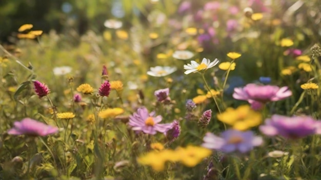 eine friedliche Frühlingswiese, gefüllt mit einer lebendigen Reihe von Wildblumen