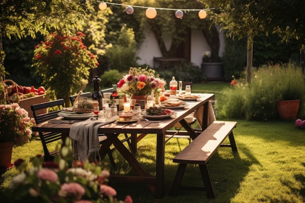 Foto eine friedliche gartenoase mit einem picknicktisch für ein entspanntes essen im freien. eine außenterrasse, die für eine sommerliche grillparty eingerichtet wurde. ai generated