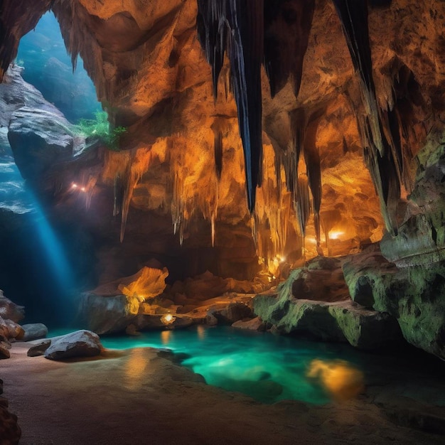 Eine friedliche Höhle mit einem atemberaubenden Wasserfall in der Mitte, umgeben von Wasser