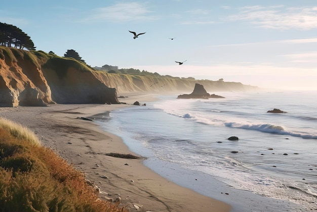 Eine friedliche Küstenszene mit einem Sandstrand, der in das Meer stürzt Generative KI