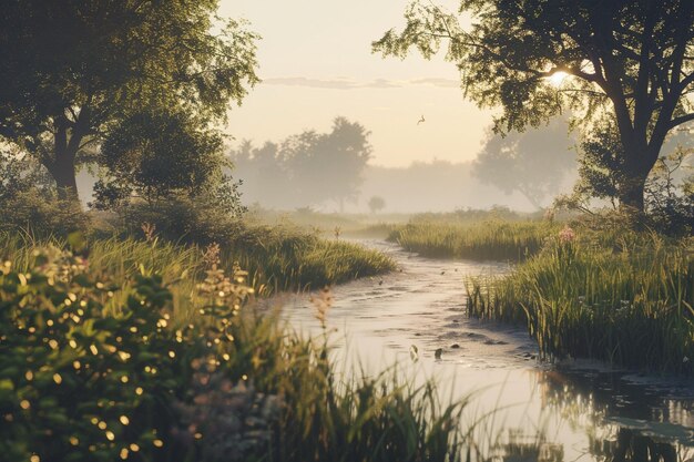 Eine friedliche Landschaft mit einem kurvenreichen Fluss