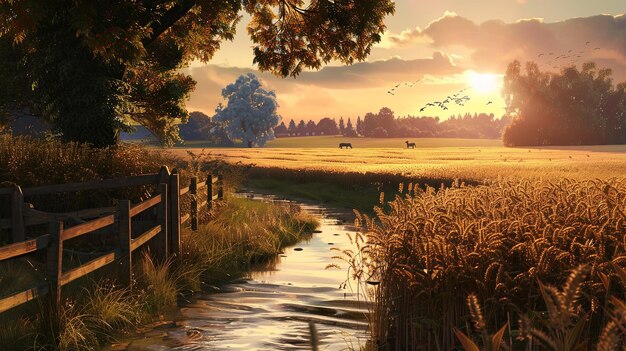 Eine friedliche Landschaft mit einer kurvenreichen Flussbrücke und goldenen Weizenfeldern, die im warmen Licht des Sonnenuntergangs gebadet werden