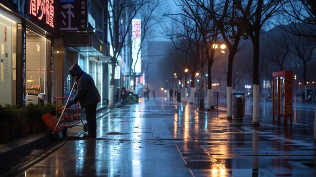 Eine friedliche städtische Szene mit einem fleißigen Straßenreiniger, der in der Morgendämmerung einen leeren Bürgersteig fegt und eine unberührte Umgebung schafft Entdecken Sie die Gelassenheit inmitten der Ruhe