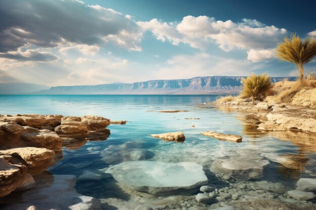 Foto eine friedliche szene, die ein gewässer zeigt, das von wunderschönen felsen und bäumen umgeben ist. perfekt für naturliebhaber und diejenigen, die ruhe in ihren entwürfen suchen.