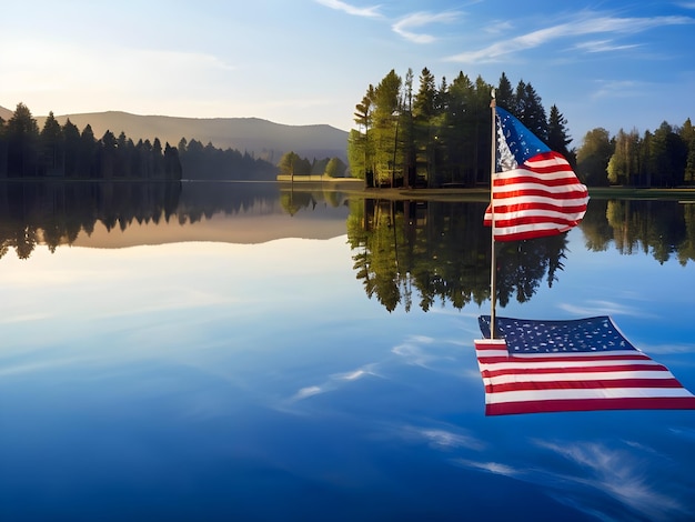 Foto eine friedliche szene einer amerikanischen flagge, die sich am memorial day in einem ruhigen see widerspiegelt