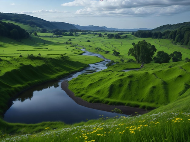 Eine friedliche Szene einer grasbewachsenen Wiese, die von einer Vielzahl von Bäumen und Flüssen umgeben ist