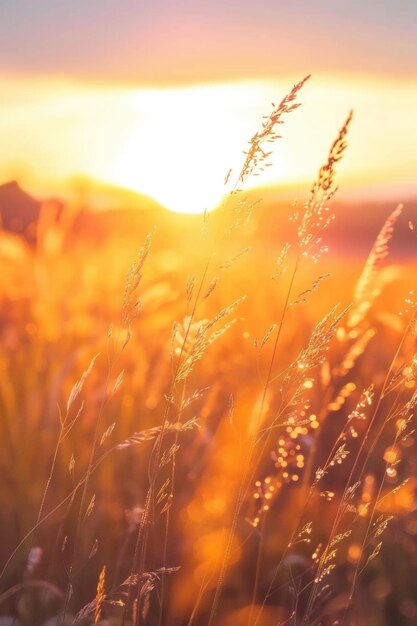 Foto eine friedliche szene mit hohem gras im sonnenuntergangslicht geeignet für natur- und landschaftsthemen