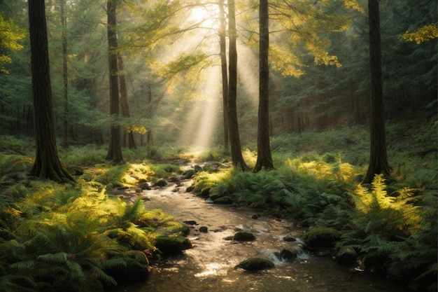 Eine friedliche Waldfläche mit schimmerndem Sonnenlicht, das durch die Bäume filtert, und ein kleiner Bach