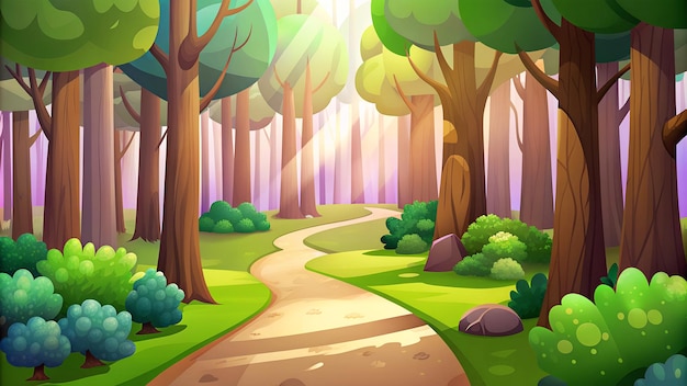 Eine friedliche Waldszene mit leuchtend grünen Bäumen und blühenden Blumen für Videospiele im Hintergrund