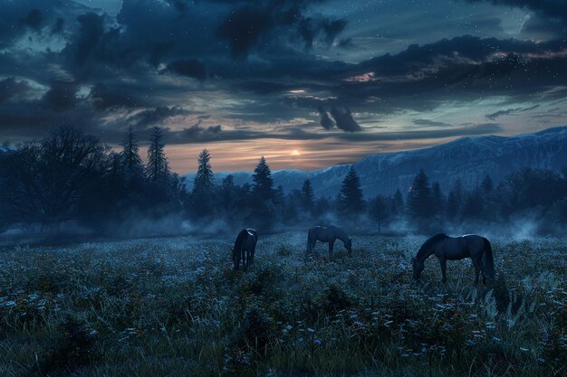 Eine friedliche Wiese mit weidenden Pferden in der Nacht