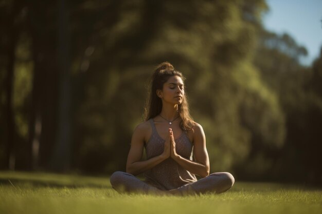 Foto eine friedliche yoga-sitzung ein yogi, der eine yoga-pose auf einem grasbewachsenen feld ausführt natur und wellness generati